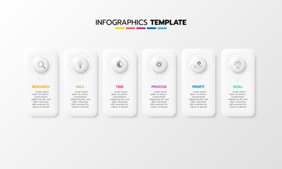 Business infographic template process with simple geometry square, rectangle, circle, triangle, curves in flat design template with thin line icons and 6 options or steps. Vector illustration.