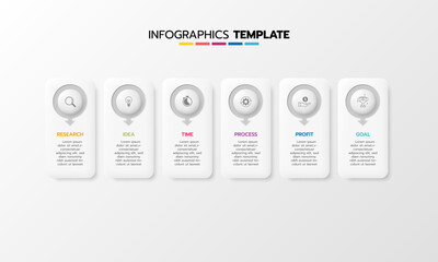 Business infographic template process with simple geometry square, rectangle, circle, triangle, curves in flat design template with thin line icons and 6 options or steps. Vector illustration.