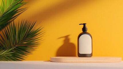 Minimalist Black Bottle Product Mockup with Palm Leaf.