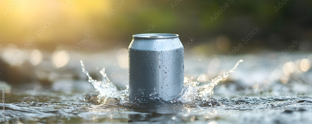 Poster Refreshing Energy Drink Can by the Stream - Captivating Mid-Movement Scene with Soft Sunlight Filtering Through Lush Trees