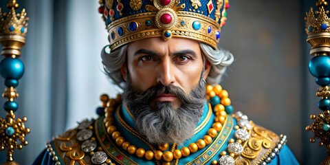 Detailed close up portrait of Reyes Magos showcasing vibrant festive makeup enhancing regal appearance, ideal for magazine ads and banners, creating captivating holiday spirit with ample copy space.