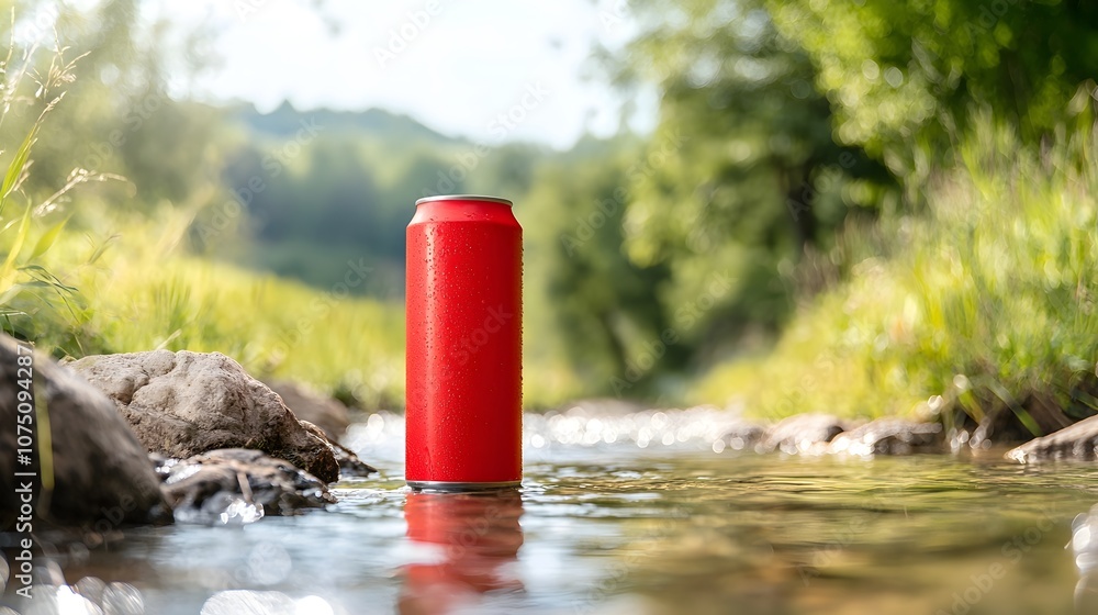 Poster refreshing energy drink can in clear stream - emphasizing motion and vitality with natures reflectio