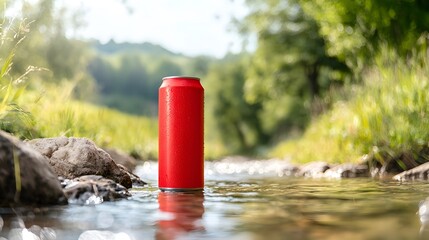 Refreshing Energy Drink Can in Clear Stream - Emphasizing Motion and Vitality with Natures Reflection for Ultimate Refreshment Appeal