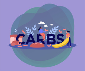 Tiny people eating carbs to gain weight with wheat snacks flat vector illustration. Cartoon women fasting and going on delicious diet. Unhealthy food and nutrition concept