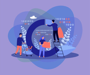 Tiny people analyzing data process diagram, Analysts testing binary code for software. Vector illustration data analysis, information technology industry concept