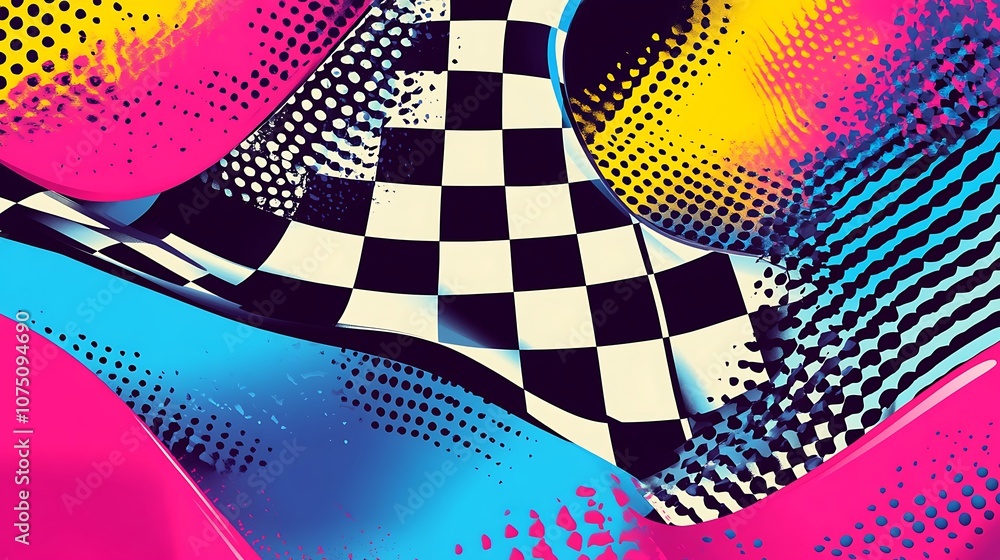 Poster abstract colorful background with checkerboard pattern and halftone dots.