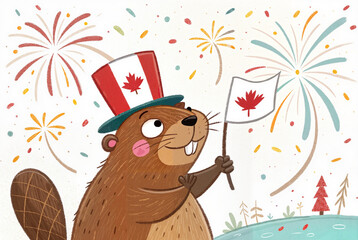 Canadian Beaver with Flag Celebrating with Fireworks


