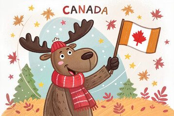 Naklejka premium Happy moose with Canadian flag illustration for Canada Day 