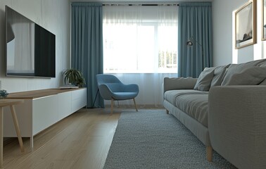 Fototapeta premium A small apartment with a Scandinavian minimalist aesthetic, featuring a gray and blue color scheme