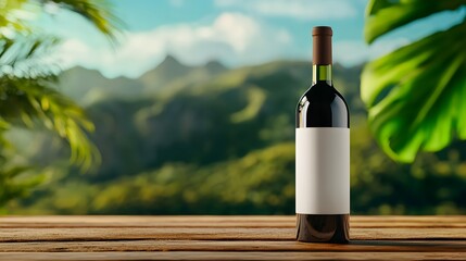 Fototapeta premium Wine Bottle on Wooden Table with Tropical Background.