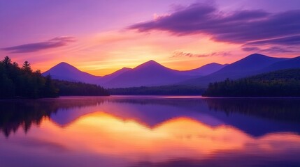 Obraz premium Captivating sunrise over the tranquil waters and mountains of the Adirondack region reflecting vibrant colors of dawn