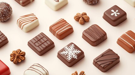 An assortment of beautifully decorated chocolates in various flavors, featuring intricate designs on a light background.