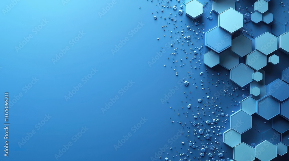 Poster abstract blue background with hexagon shapes, layered to create depth and texture.