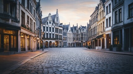 Obraz premium A tranquil evening in a historic city square showcasing charming architecture and cobblestone streets