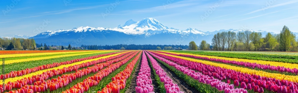 Poster a vibrant field of tulips in full bloom under clear blue skies with snow-capped mountains in the bac