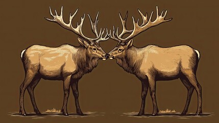 Two Elk Facing Each Other with Intertwined Antlers