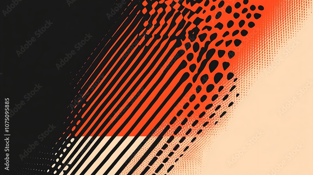 Poster abstract orange and black diagonal stripes with dotted pattern.