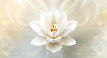 Obraz premium A white lotus flower with symmetrical fractal patterns and sacred geometry on the petals, creating an elegant background for design projects.