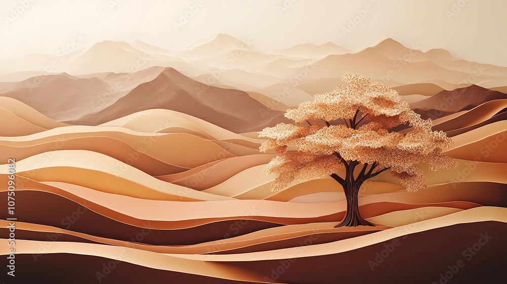 Poster A single tree stands tall in a paper-like landscape of rolling hills.