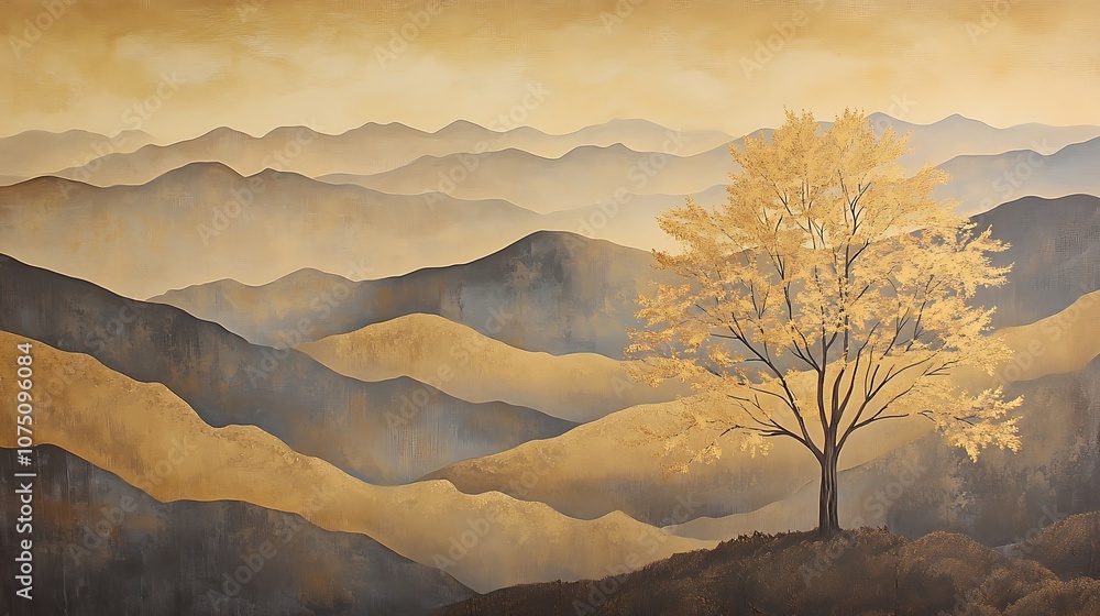 Poster Golden tree on a mountain ridge with layers of mountain peaks in the background.