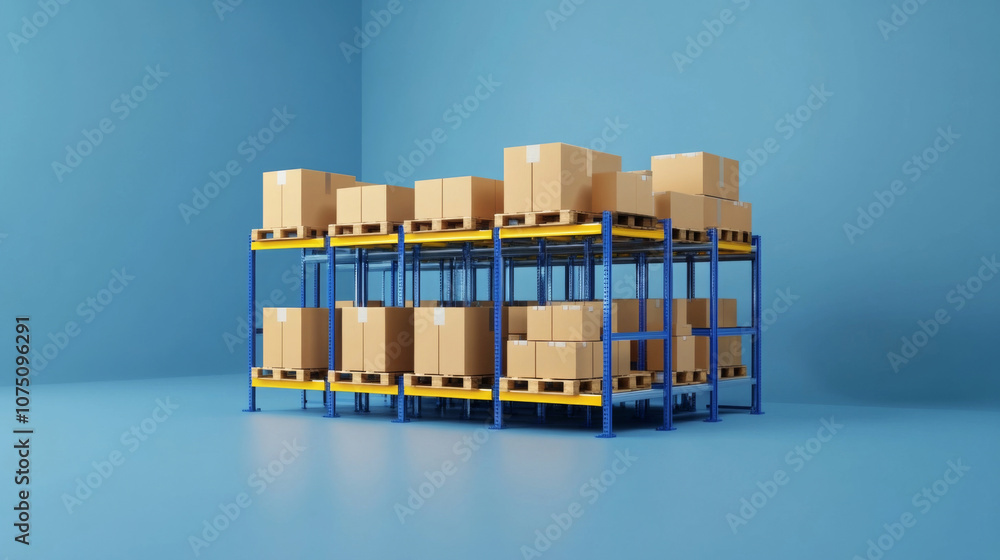 Poster layered warehouse system with automated conveyor belts transporting cargo packages for efficient