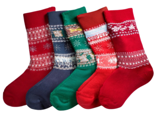 Colorful holiday socks with festive patterns on a white isolated background.