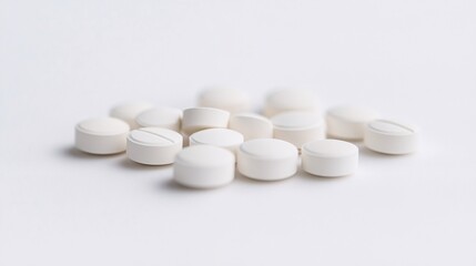 Close-up of white pills on a white background. Evokes themes of medicine, healthcare, pharmaceuticals, treatment, and wellness. Perfect for medical or health-related projects.