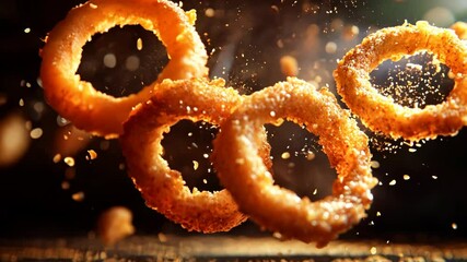 Three fried onion rings are in the air