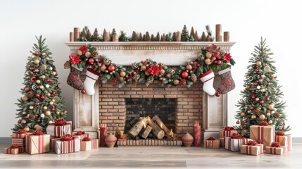 A cozy Christmas fireplace with stockings and garlands, isolated on white background