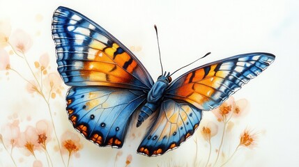 graceful blue-orange butterfly in mid-flight, its delicate wings spread wide against a pristine white background. the vibrant colors and intricate patterns embody the beauty of nature and freedom