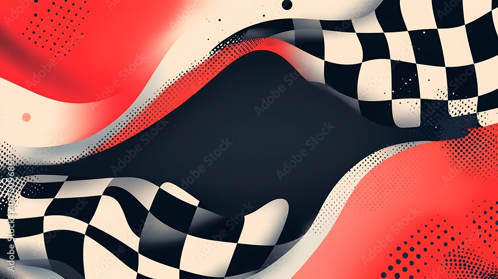 Poster Abstract checkered flag design with red and black background.