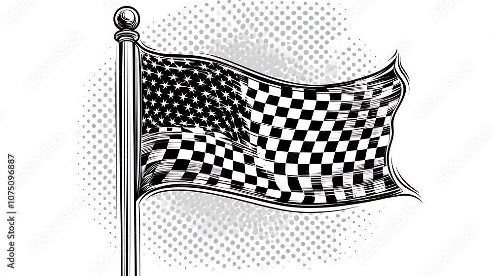 Poster checkered flag with stars and stripes on a pole.