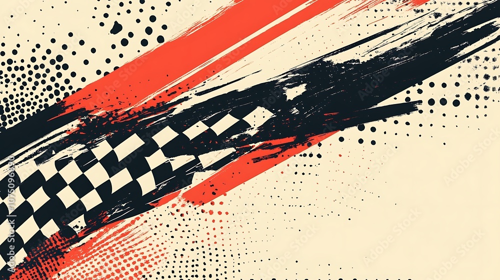 Aufkleber Abstract racing background with checkered flag, red and black brush strokes, and halftone pattern.