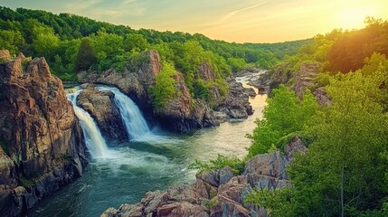 Exploring the natural beauty of the Potomac River with cascading waterfalls and lush greenery at sunset