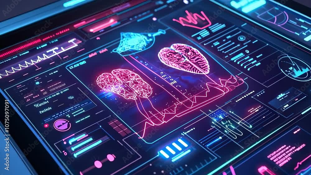 Poster futuristic medical interface for brain and liver scans vibrant neon technology enhances data visuali