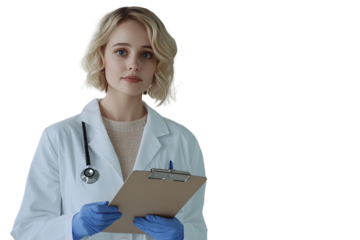 Young Doctor in a White Coat Holding a Clipboard, Preparing for a Patient Consultation Indoors