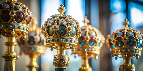Fototapeta premium Detailed Close Up Reyes Magos Ceremonial Scepters Ornate Designs Symbolic Significance Ideal for Magazine Advertisements Banners Space for Text Photo Stock Concept