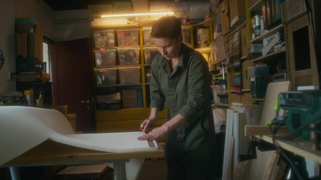 Full medium shot of middle-aged female upholsterer in overall using ruler and pencil, making marks on polyurethane foam while measuring piece of it for reupholstering furniture in garage workshop