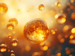 3D Render Abstract Background Golden Spheres Light Bokeh