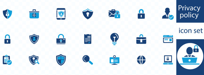 Privacy policy icon set . Containing secured payment, encryption, safety, insurance, data protection, detector, sensor, locked, password and cybersecurity icon