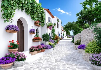 Fototapeta premium Mediterranean Village Street With Whitewashed Walls
