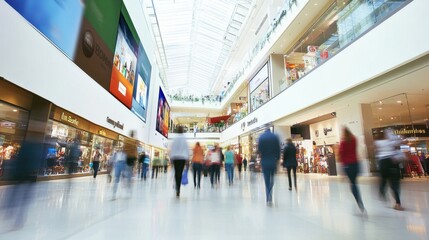 Aerial view of a bustling shopping mall filled with shoppers and stores in motion during peak hours