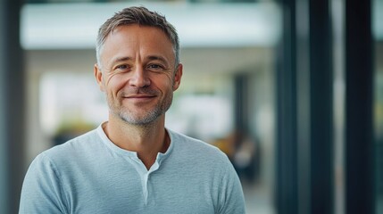 Fototapeta premium portrait of successful senior businessman consultant looking at camera and smiling inside modern office building, blurred background.