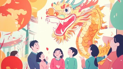 Naklejka premium A vibrant celebration featuring a dragon dance with joyful participants and colorful decorations.