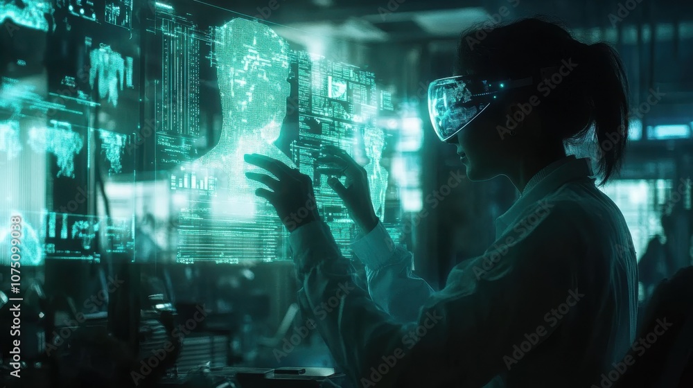 Aufkleber a brilliant ai developer utilizes augmented reality glasses to interact with digital data in a moder