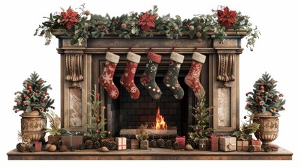 Fototapeta premium A decorated Christmas Eve scene with stockings hung by the fireplace, isolated on white