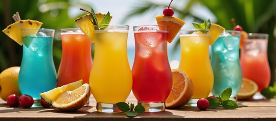 Tropical fruit-garnished refreshing summer cocktails at a beach party setting render