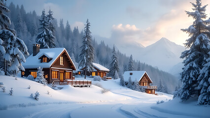 Fototapeta premium Enchanting Snowy Winter Landscape with Cozy Houses and Pine Trees