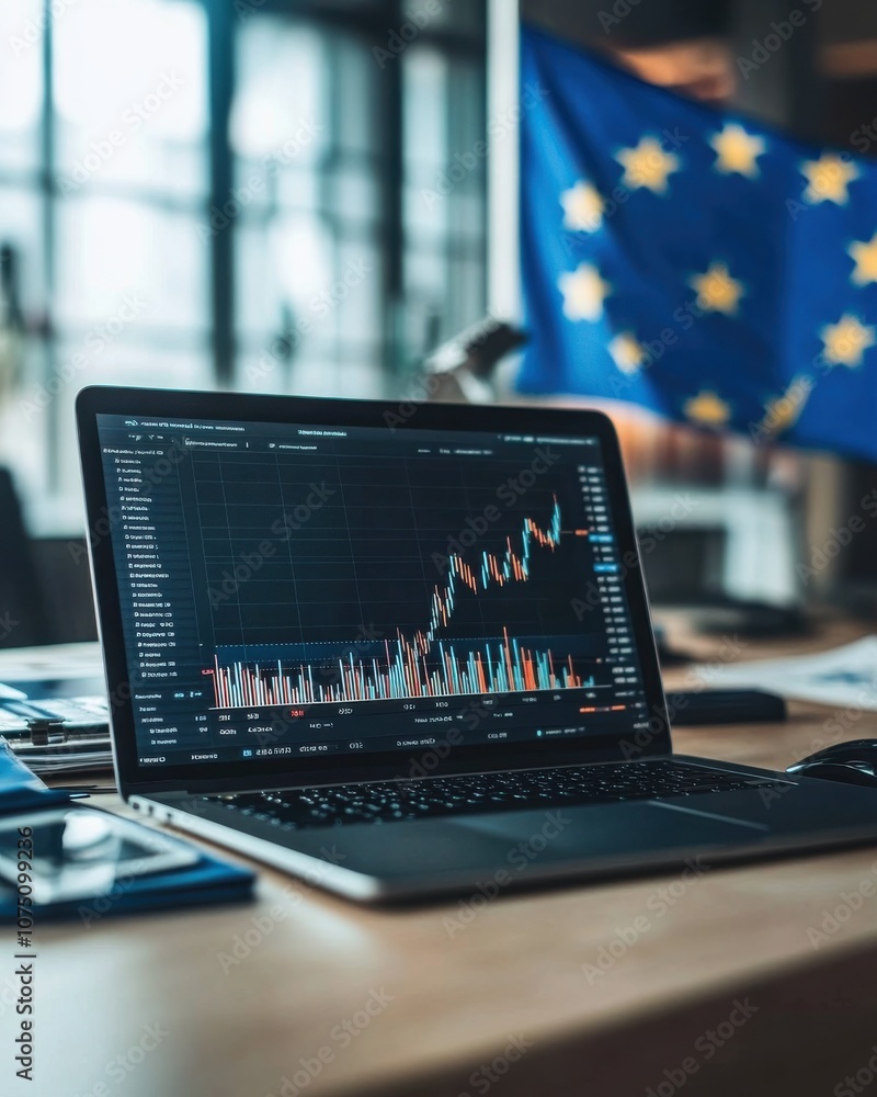 Poster a financial analyst's desk featuring a laptop with stock market graphs and a european union flag in 