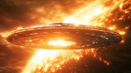 Obraz premium A futuristic spaceship hovers gracefully near a massive sun, surrounded by cosmic flames and stellar phenomena in deep space